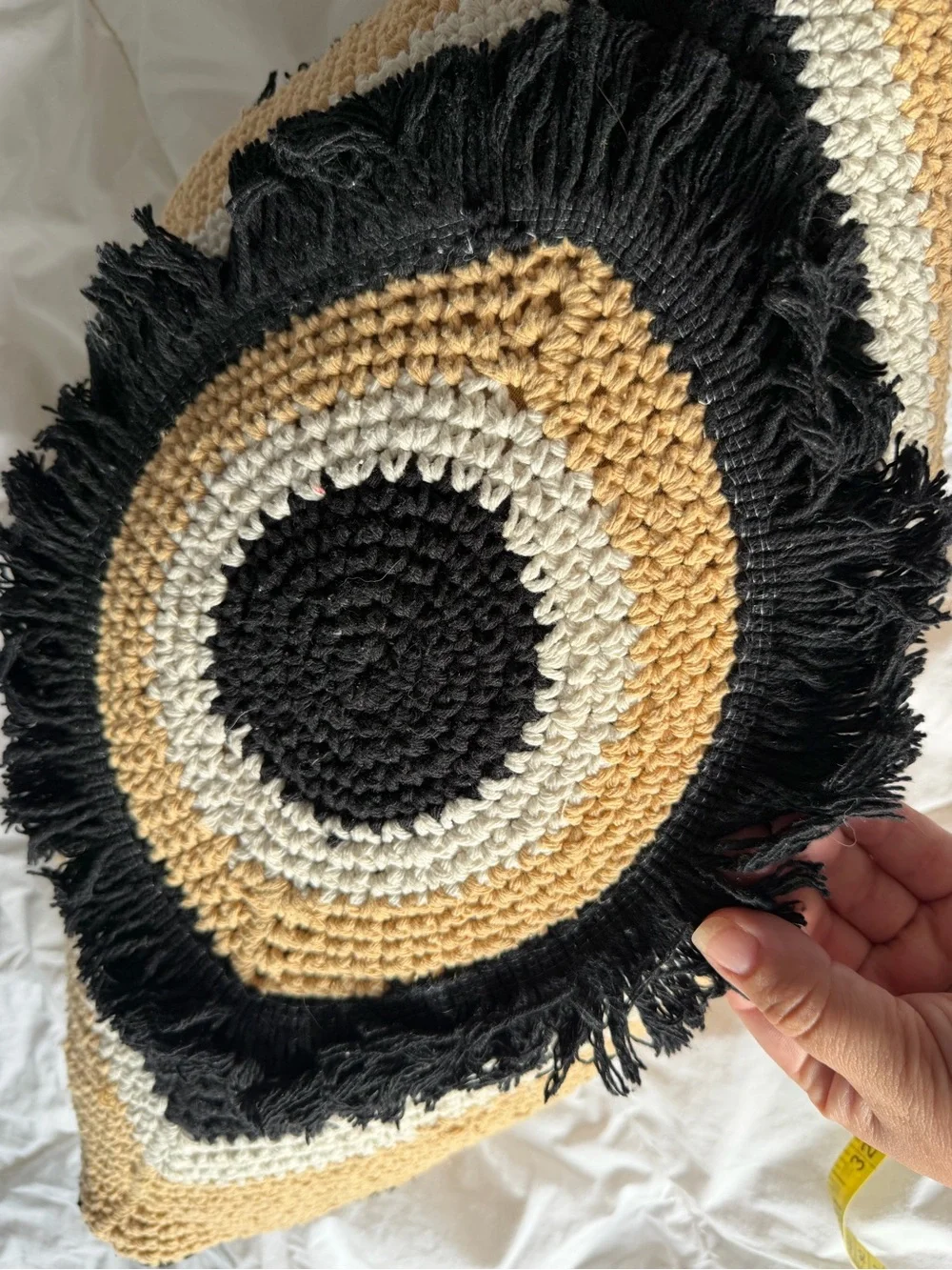 Handwoven Round Fringe Pillow Cover in Black, Cream & Tan